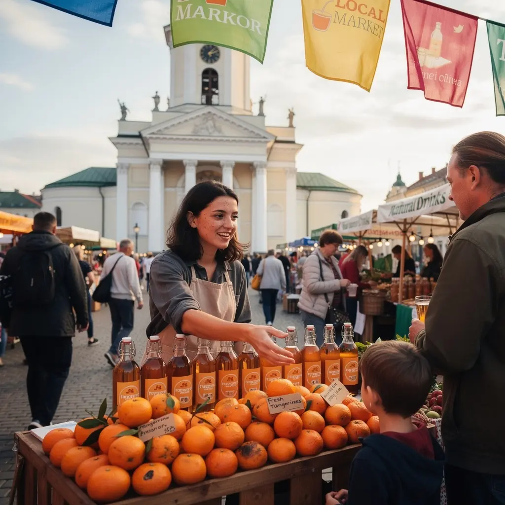 Gražiai pateikta tangerinų arbata su šviežiomis vaisių riekelėmis.