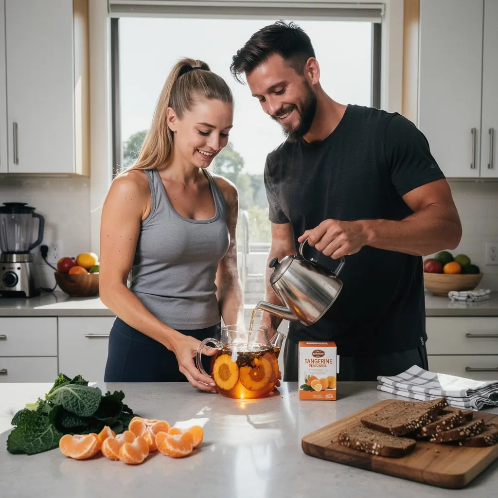 Tangerinų arbatos ingredientai, sudėtyje gausu vitaminų ir antioksidantų.