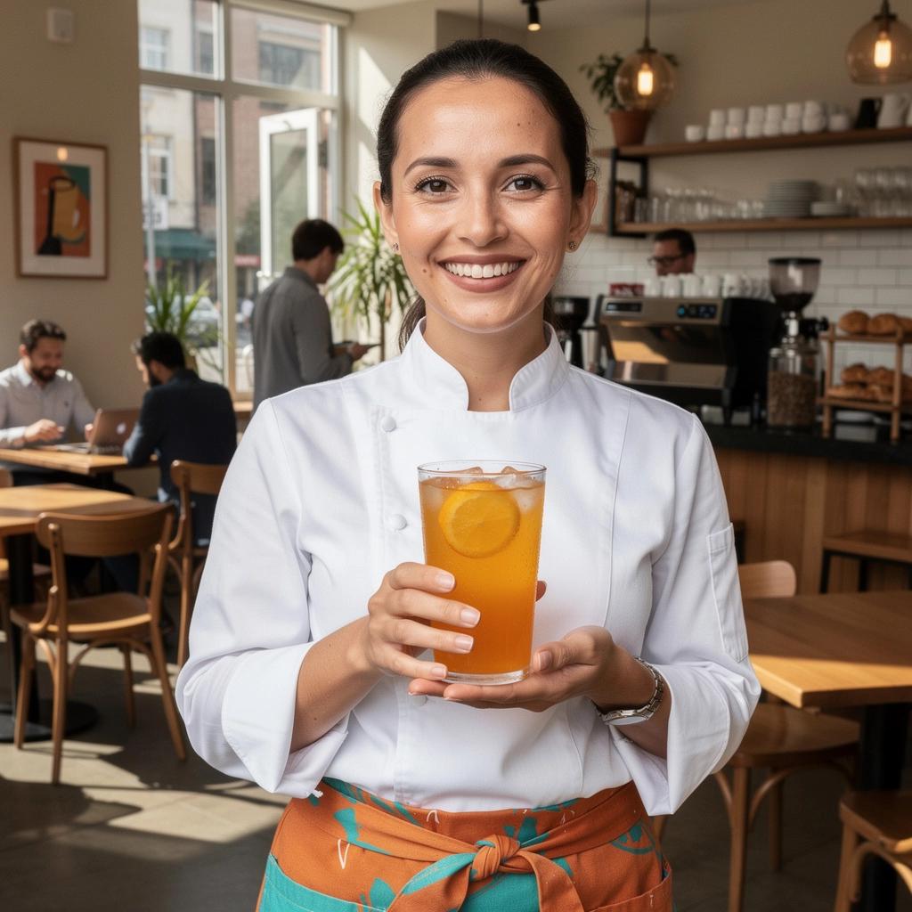 Šviežiai paruošta tangerinų arbata, dekoruota žaliosios arbatos lapais.